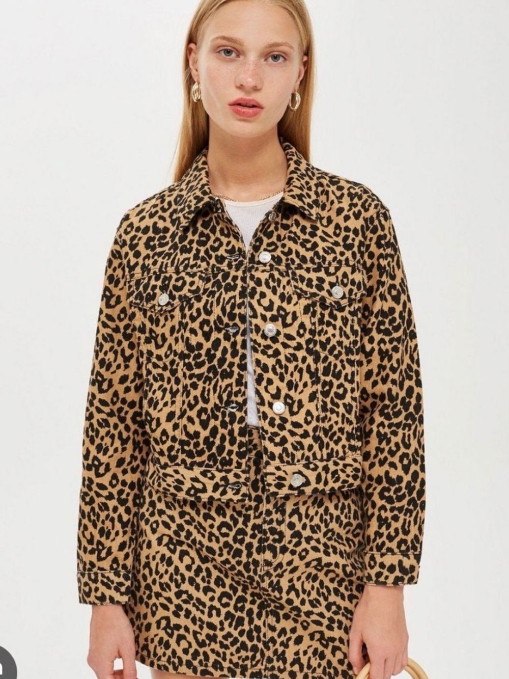 TopShop Leopard- Print Denim Jacket - Tan & Black